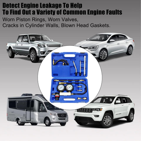 Blue YSTOOL cylinder leak-down tester kit with dual gauges and extension rod for automotive engine pressure and leakage tests.