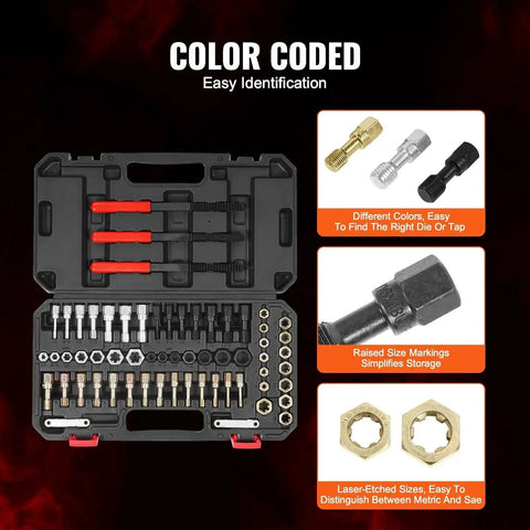 Premium 61 Piece Thread Restorer Kit With UNC UNF And Metric Thread Chaser Set Includes Thread Files And Storage Case Heat Treated Steel For Mechanics And DIY Enthusiasts For Everyday Shop And Field Work VEVOR shown in open storage case with various tools displayed, color-coded for easy identification, including dies, taps, and files.