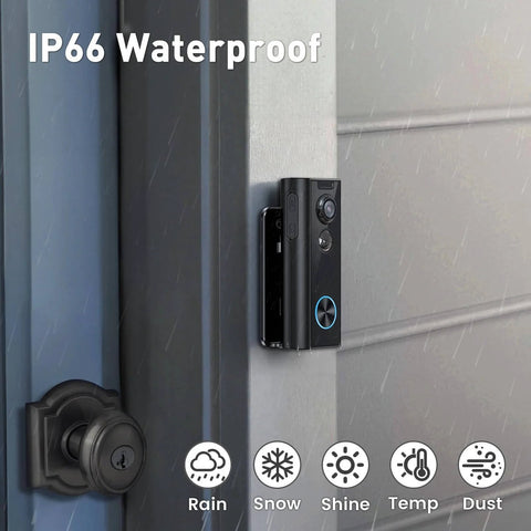 Wireless 2K Doorbell Camera With No Subscriptions, 2 Way Audio, shown installed on grey wall, weather-resistant feature