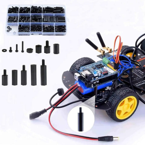 320 Piece M2 Nylon Hex Spacer Standoff Kit With Male And Female Screws Nuts And Spacers Black Durable Nylon Includes Plastic Case Easy To Install Great For Electronics DIY Projects with installed components on robotics model.