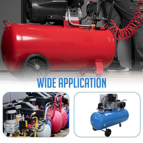 Red air compressor tank on wheels; collage features multiple air compressors.
