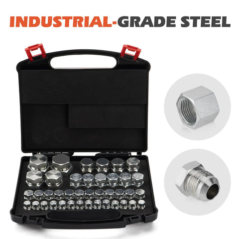 SPARKWHIZ 80pcs JIC 37° flare cap and plug kit in black carrying case; chrome hydraulic fittings, sizes 4-16