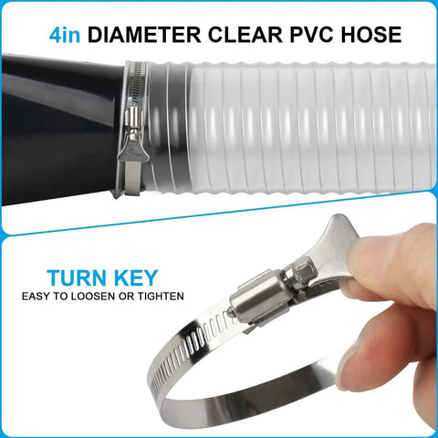 Heavy Duty 4 Inch PVC Dust Collection Hose with stainless steel clamps, showing clear flexible tube and adjustable clamp.