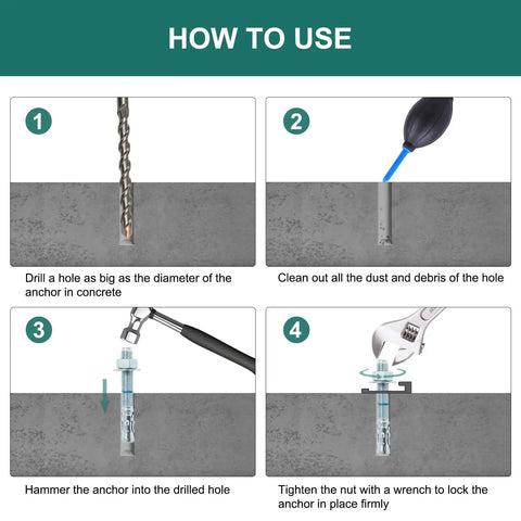 Installation steps for Three Eighths Inch By Five Inches Concrete Wedge Anchors Bolts Zinc Plated 25 Pack Heavy Duty Carbon Steel Masonry Anchors
