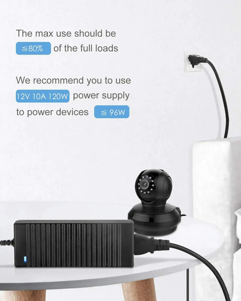 12V Power Supply 10A 120W AC Adapter Universal 100-240V 50/60Hz DC Converter with CCTV camera setup