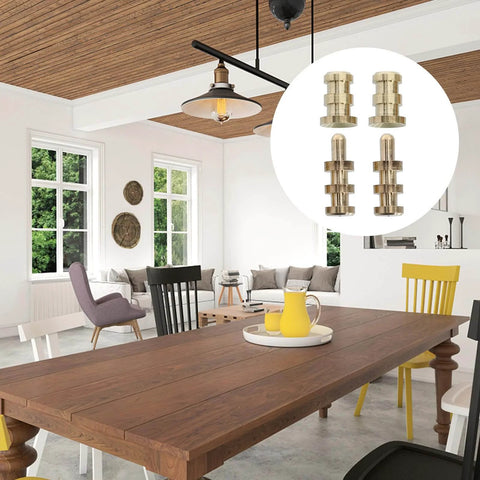 Table Leaf Dowel Pins And Connector Sleeve Set For Dining Tables, precision metal dowels and bolt sleeves displayed in a dining room.