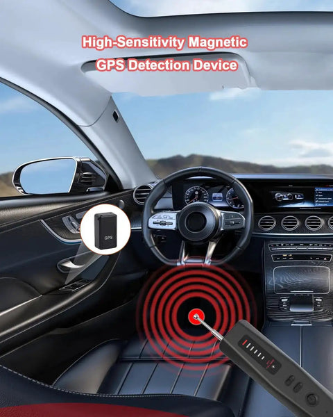 Five In One Hidden Camera Detector With RF Wireless Scanner And GPS Tracker Finder displayed in car interior for detection