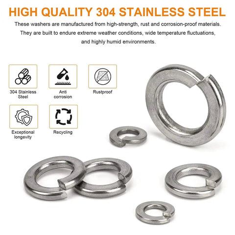 Must-Have 530 Pcs Spring Lock Washer Set With Metric And SAE Sizes M3 To M10 And 1/4 To 3/8 Stainless Steel 304 Lock And Flat Washers