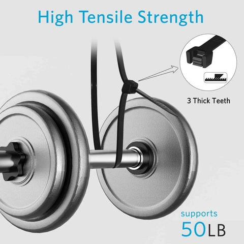Heavy Duty Zip Ties 12 Inch 1200 Pack Black UV Resistant Cable Ties For Indoor And Outdoor Use 50 Lb Tensile Strength Weatherproof Durable Fastening Solution used to secure gym weights showcasing tensile strength.
