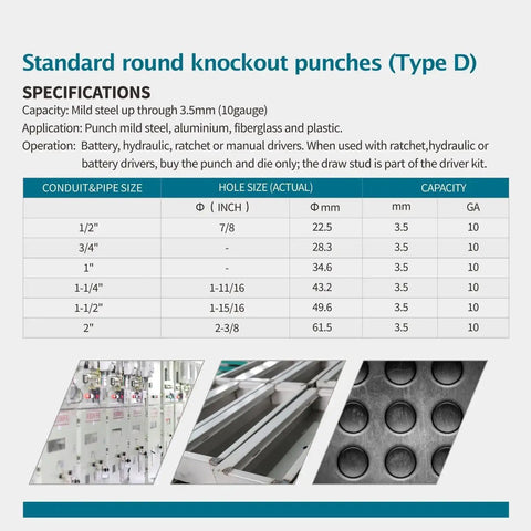 Specifications for 8 Ton Hydraulic Knockout Punch Kit For Half To Two Inch Conduit Built Like A Tank Includes Six Die Sets