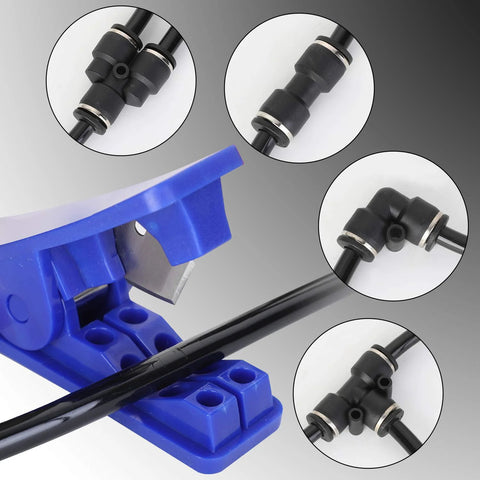 Hromee Air Line Tubing Kit, 1/4 in PU tube with push-to-connect fittings; blue mounting block, black tubing, 32.8 ft, 14-piece set