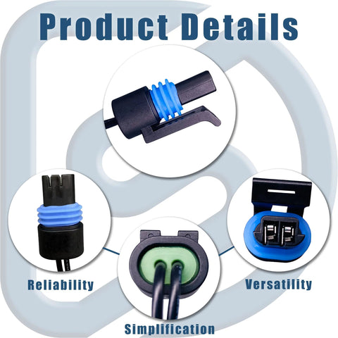 Engine coolant temperature sensor with pigtail connector; collage showing blue seals, black housing, and plug ends