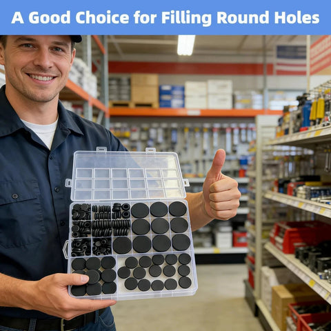 Man holding 125 Pieces Black Rubber Round Hole Plugs Set In Eight Sizes Silicone Plugs For Round Holes For Furniture in store