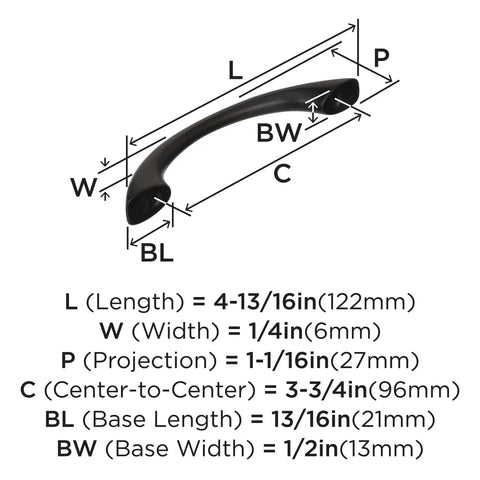 Diagram of Vaile Matte Black Cabinet Pull 3-3/4 Inch Center to Center, 4-13/16 Inch Overall Length with dimensions and measurements.