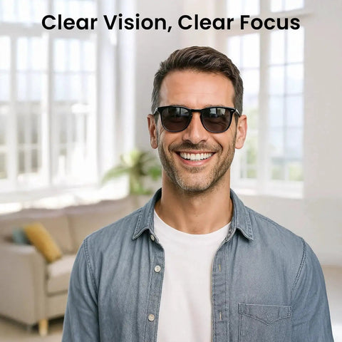 Man wearing sunglasses indoors with text 'Clear Vision, Clear Focus' above; concept photo for Six Pack Microfiber Cleaning Cloths For Eyeglasses, Screens, Cameras.