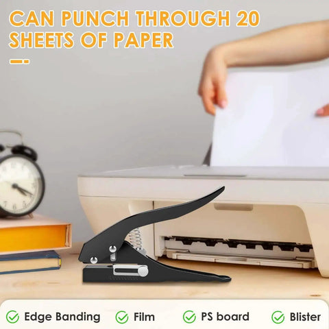 Heavy Duty 15 mm Round Hole Punch Tool For Paper, 20 Sheets Capacity, shown beside office supplies and a printer.