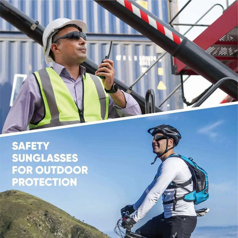 Tinted Safety Glasses Bulk Pack of 24, Protective Sunglasses With Dark Smoke Lenses for UV Protection worn by workers outdoors