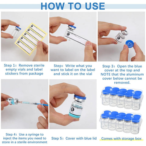 Threlaco 20pcs 5ml sealed sterile glass vials with blue caps, label stickers, syringe, and storage boxes collage