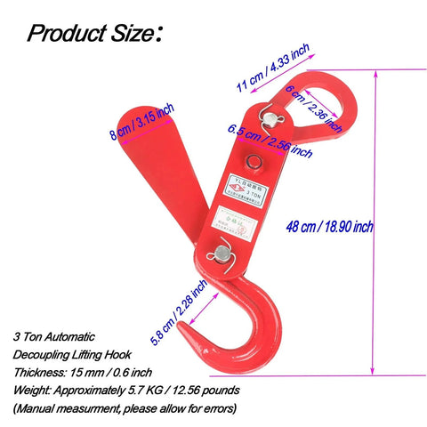 Red 3 Ton Automatic Decoupling Lifting Hook For Forklifts in thickened alloy steel, shown with dimensions and auto-separating mechanism.