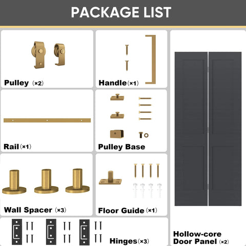 36 Inch By 84 Inch Bi Fold Barn Door Set With Two Panels And Brushed Gold Hardware Space Saving Interior Sliding Door For Closets Pantry Or Laundry Rooms Hollow Core Textured Black Finish Includes Hardware Kit Quiet Smooth Rollers No Brainer Easy Install package components