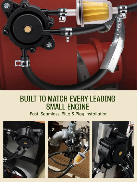Universal Pulse Vacuum Fuel Pump For Small Engines installed showing filter, hoses, on power equipment with seamless fit