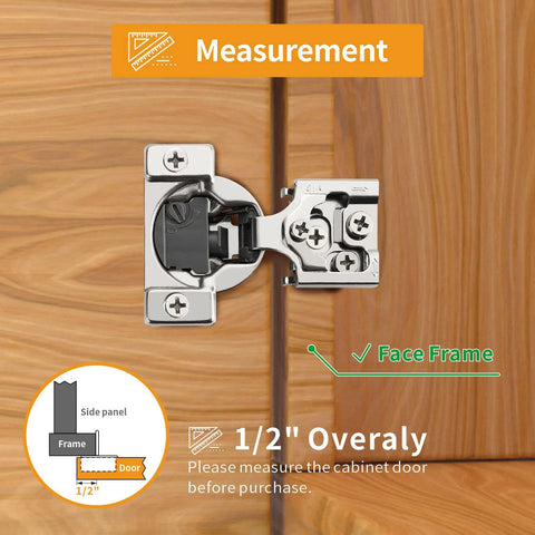 Chibery 2-pack 1/2 inch overlay face-frame cabinet hinges, satin nickel, soft-close, installed on wood cabinet.