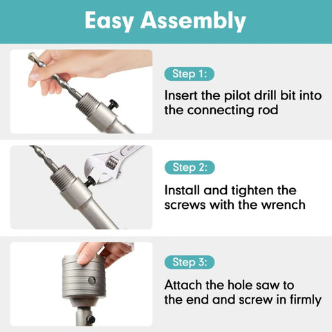 Easy assembly instructions for Nine Piece Masonry Concrete Hole Saw Kit With 30 40 65 80 100 Mm Hole Sizes, 300 Mm Tungsten Carbide Bits, SDS Plus And SDS Max Shank, Heavy Duty Drill Bit Set For Concrete Brick Cement Tile.