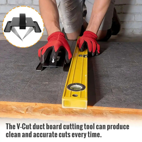 Person using 2 Inch V Cut Duct Board Tool For HVAC Foldable Joint Duct Sheet Cutter With V Groove Heavy Duty Workhorse Sled Frame