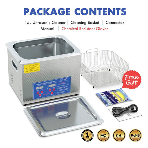 15L stainless steel heated ultrasonic cleaner with 600W heater, includes cleaning basket, lid, power cord and gloves