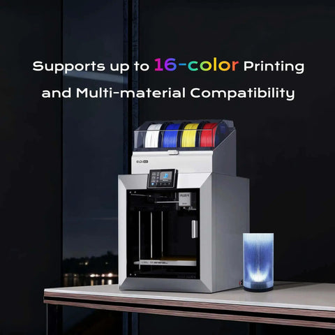 Front view of Crazy Color 3D Printing System for Plus4 Printer with 65C Active Drying, NFC Smart Recognition, filament auto reload, 16 colors visible.