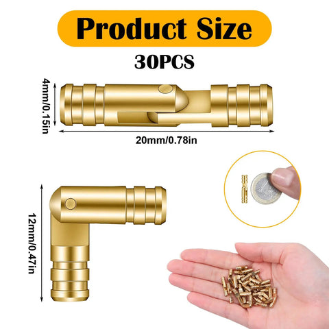 30 Pack Brass Barrel Hinges Set for Jewelry Boxes and Small Woodworking Projects with size dimensions shown