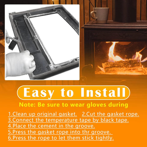 Wood stove gasket kit being installed; 5/8 inch rope gasket, graphite-impregnated fiberglass, 98 inches long.