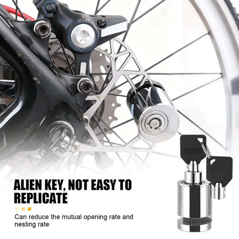 Rugged As Hell Motorcycle Disc Brake Lock with Two Keys installed on a bike, showing zinc alloy body and secure fit on the disc.