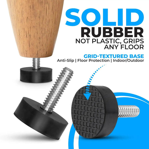 12 Pack All Rubber Quarter Inch 20 UNC Leveling Feet With Inserts for chair and table leg, grid-textured base, non-slip, wood floor.