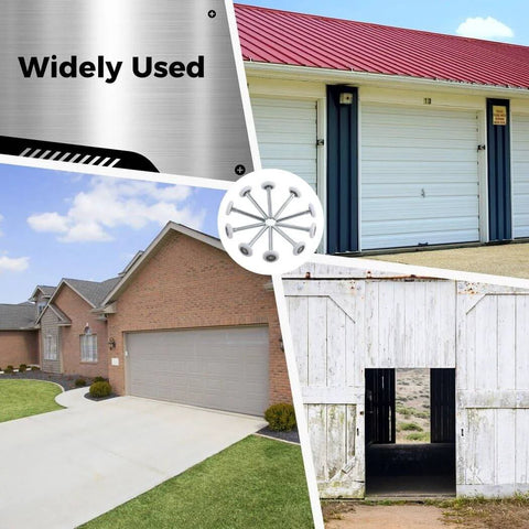 Collage showing various garages and barns with "Widely Used" text, illustrating use of 10 Pack Nylon Garage Door Rollers for quiet operation