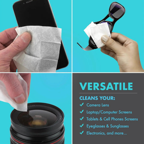 Premoistened Lens Cleaning Wipes for Glasses, Pack of 100, Streak Free, used on smartphone, sunglasses, camera lens