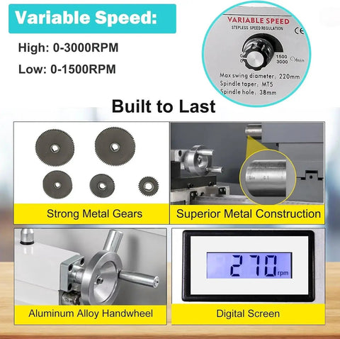 Close-up of Mini Metal Lathe 550W Brushless Benchtop Lathe 0-1500 RPM High Gear, featuring metal gears and digital screen