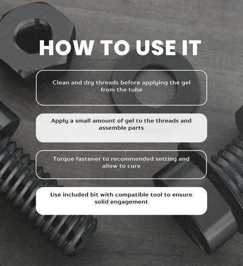 Illustration on using Must Have Medium Strength Thread Locker Gel Bundle With Blu Mol Xtreme Screwdriver Bit on metal threads.