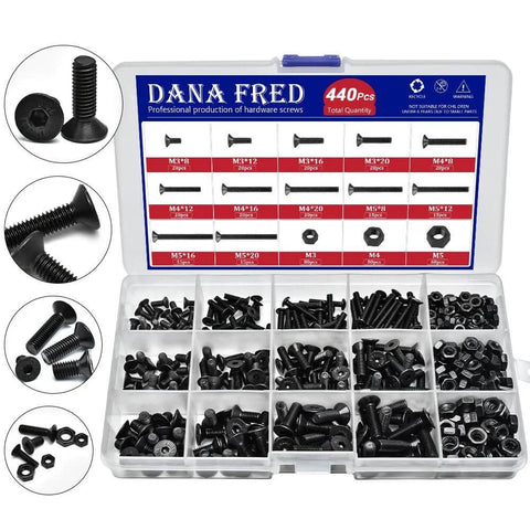 440 Piece Metric Hex Socket Head Cap Screws And Nuts Kit In Alloy Steel 10.9 Black Finish M3 M4 M5 Countersunk Bolts and Nuts