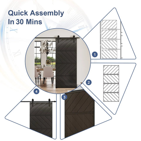 Sliding Barn Door 36 By 84 Inches With Pre Drilled Slab, Hardware Kit And Handle, MDF And PVC Surface, Waterproof Coating, No Painting Needed, Ready To Assemble, Black shown with installation and assembly guide.
