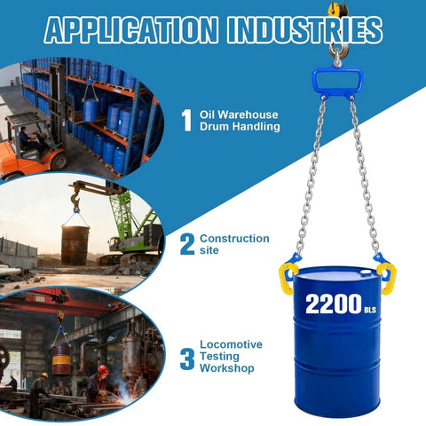 SENKEYFE chain drum lifter, 2200 lb capacity, clamps onto blue 30-55 gallon drum with self-locking hooks