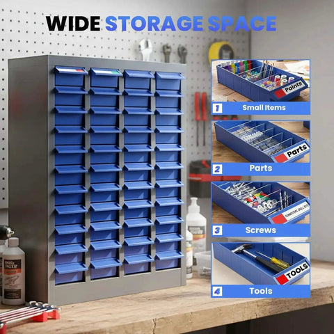 Front view of Beefy Heavy Duty Bolt Bin Organizer With 40 Drawers, ABS Plastic Parts Cabinet for nuts and screws on a workshop shelf.