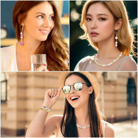 Women wearing jewelry made from 300 Pieces Rhinestone Spacer Beads Set In 10 Colors, 10mm Crystal Bead Spacers For Bracelets, Necklaces, Earrings And Other DIY Jewelry Projects, Totally Dope For Beaded Pens And Accessory Creations.