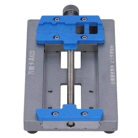 Front view of Durable Soldering Jig For PCB Repair And Mobile Phone Motherboard Work Universal Bearing Clamp Fixture with blue and gray components.