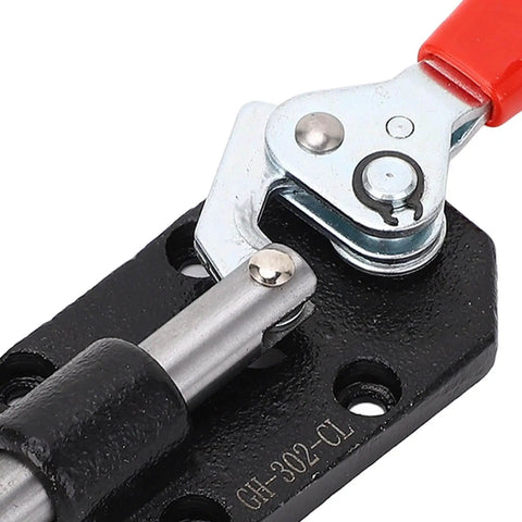 Close-up of Heavy Duty Adjustable Push Pull Toggle Clamp With 500Lbs Holding Power for Welding, Molded Cast Iron, Quick Release Handle.