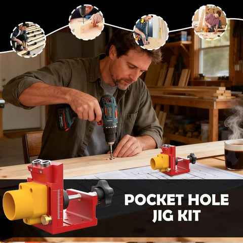 DIYer using Pocket Hole Jig System with Aluminum Alloy Construction for Precise Cabinet Making and Woodworking in workshop.