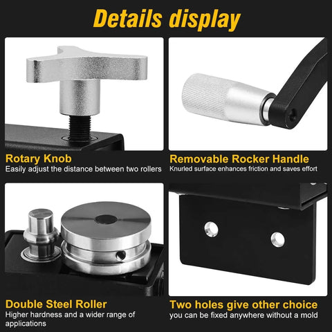 Details display of Bead Roller Tubing Beader Tool For Intake And Intercooler Tubing with rotary knob, rocker handle, double roller, and mount holes.