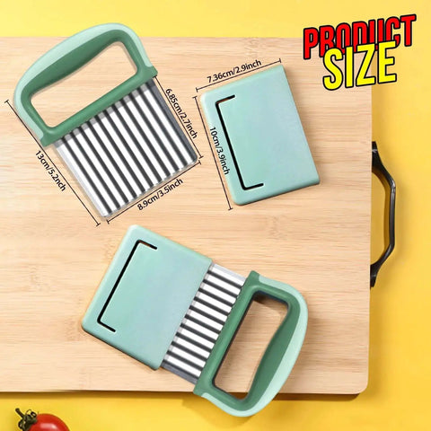 Two Pack Stainless Steel Wavy Crinkle Cutters for Veggies and Fries with green ABS handles on a wooden board.