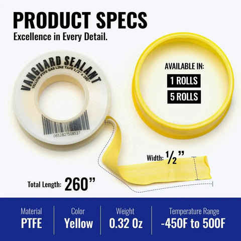 Heavy Duty Gas Pipe Thread Seal Tape PTFE Yellow Teflon Tape for Gas Fittings 260 Inch Length Half Inch Size product image