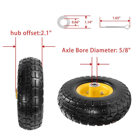 Product diagram showing 10 Inch Solid Rubber Wheel Replacement With 5/8 Inch Bearings And 2.1 Inch Offset Hub details